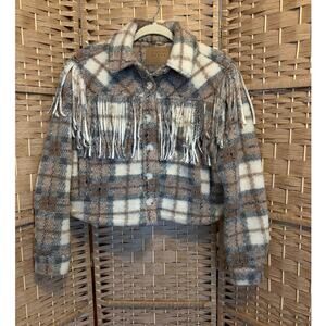 BLANKNYC Fringe Cropped Shacket Take Note Plaid, Size SM